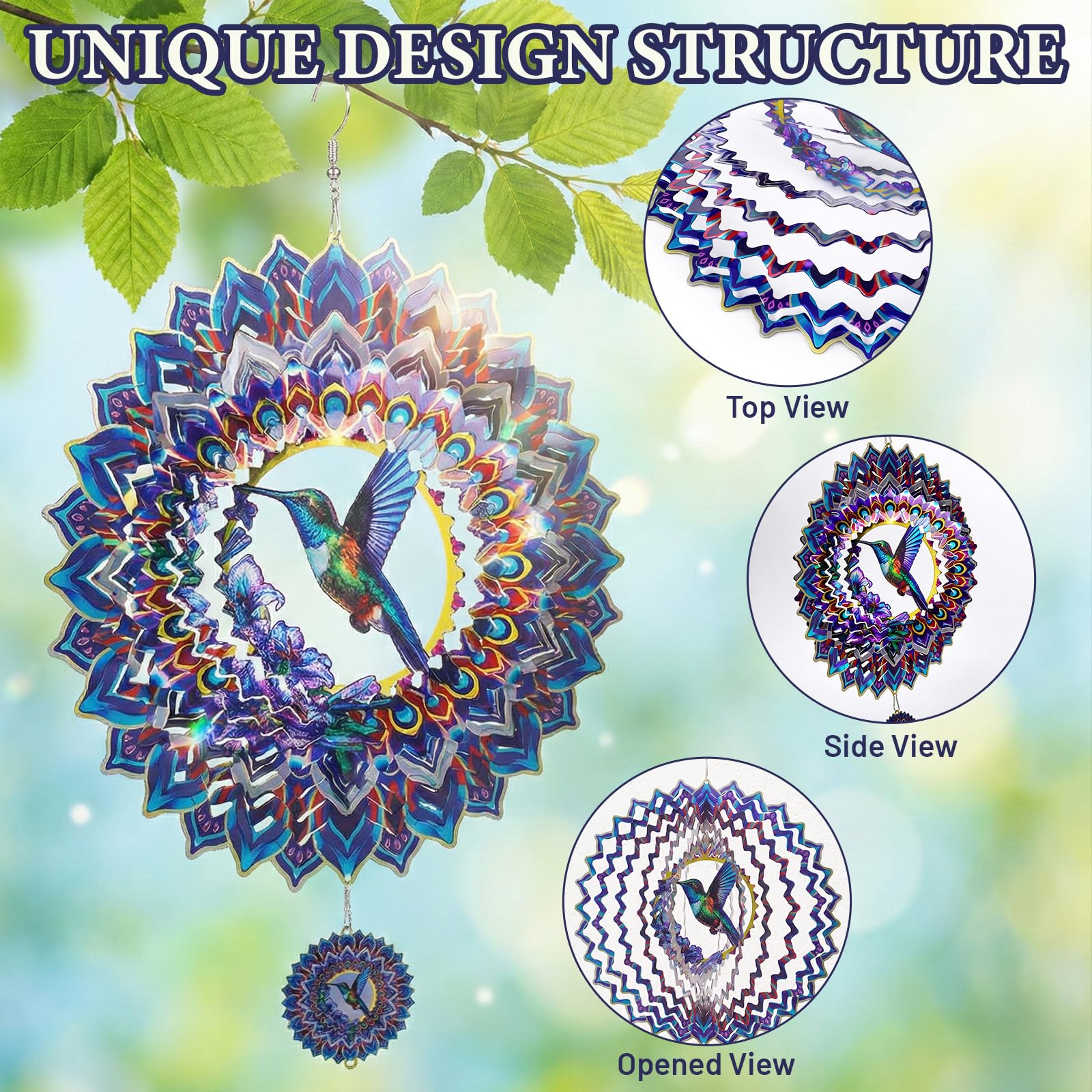 Hummingbird Mandala Wind Spinner for Mother's Day, IDEA SHOW 12In 3D Kinetic Metal Wind Spinners, Hummingbird Gift for Women, Mom, Garden Decor Outdoor/Indoor Decoration, Dynamic Art Hanging Sculpture