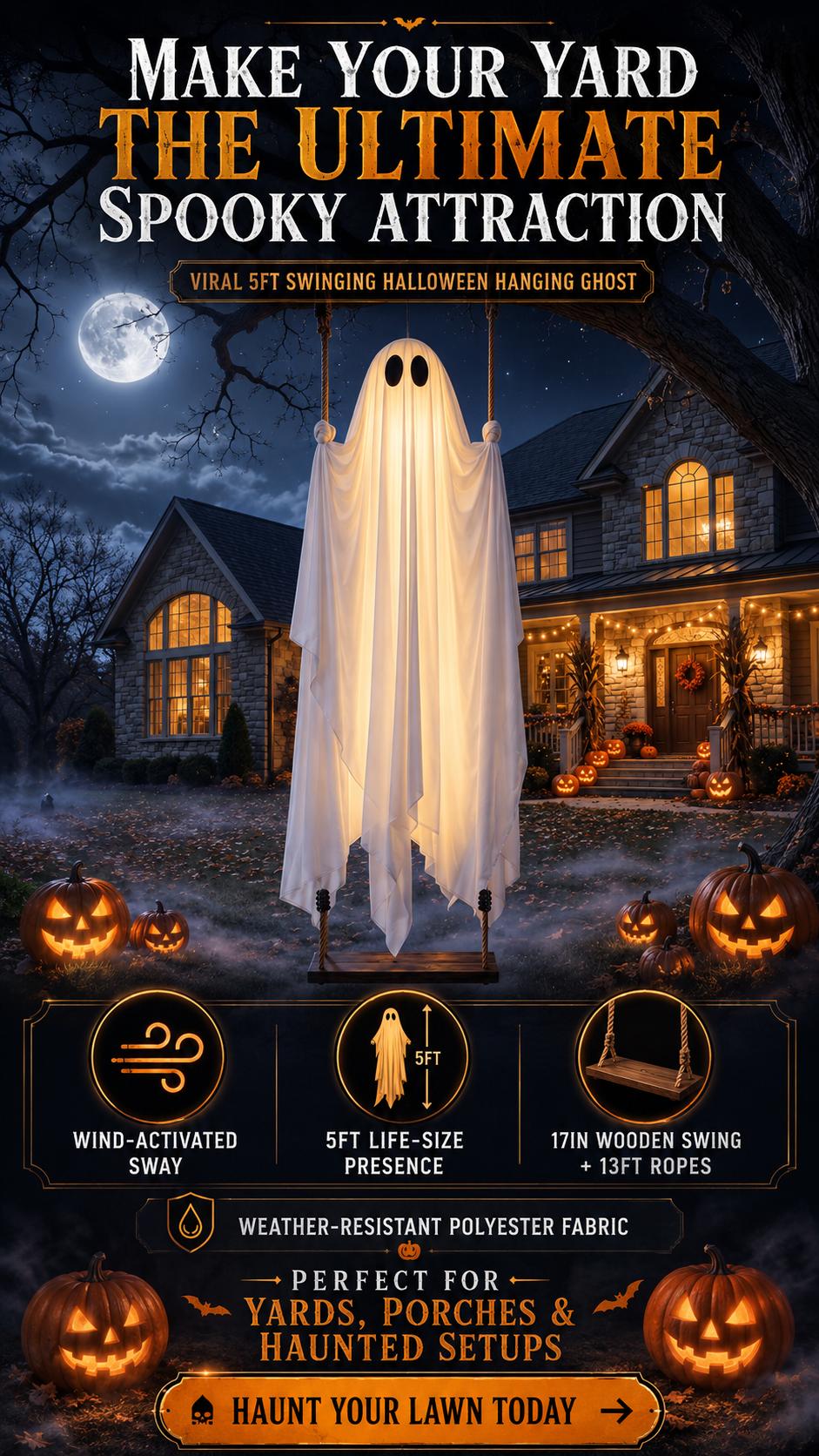 Halloween Hanging Ghost - 5FT Large Swinging Ghost Fabric Decoration with Wooden Base - for Outdoor Yard, Front Porch & Tree Hanging - Spooky Holiday Gift for Neighbors, Friends & Family