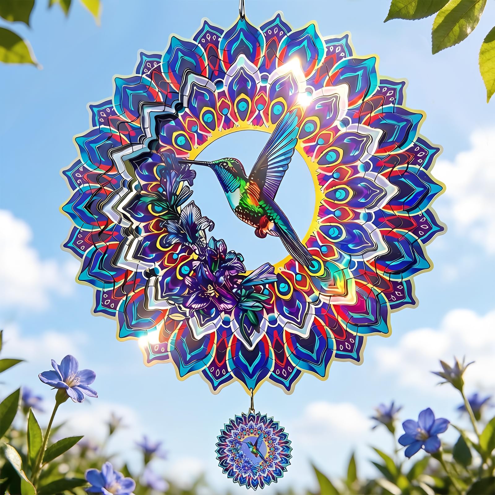 Hummingbird Mandala Wind Spinner for Mother's Day, IDEA SHOW 12In 3D Kinetic Metal Wind Spinners, Hummingbird Gift for Women, Mom, Garden Decor Outdoor/Indoor Decoration, Dynamic Art Hanging Sculpture