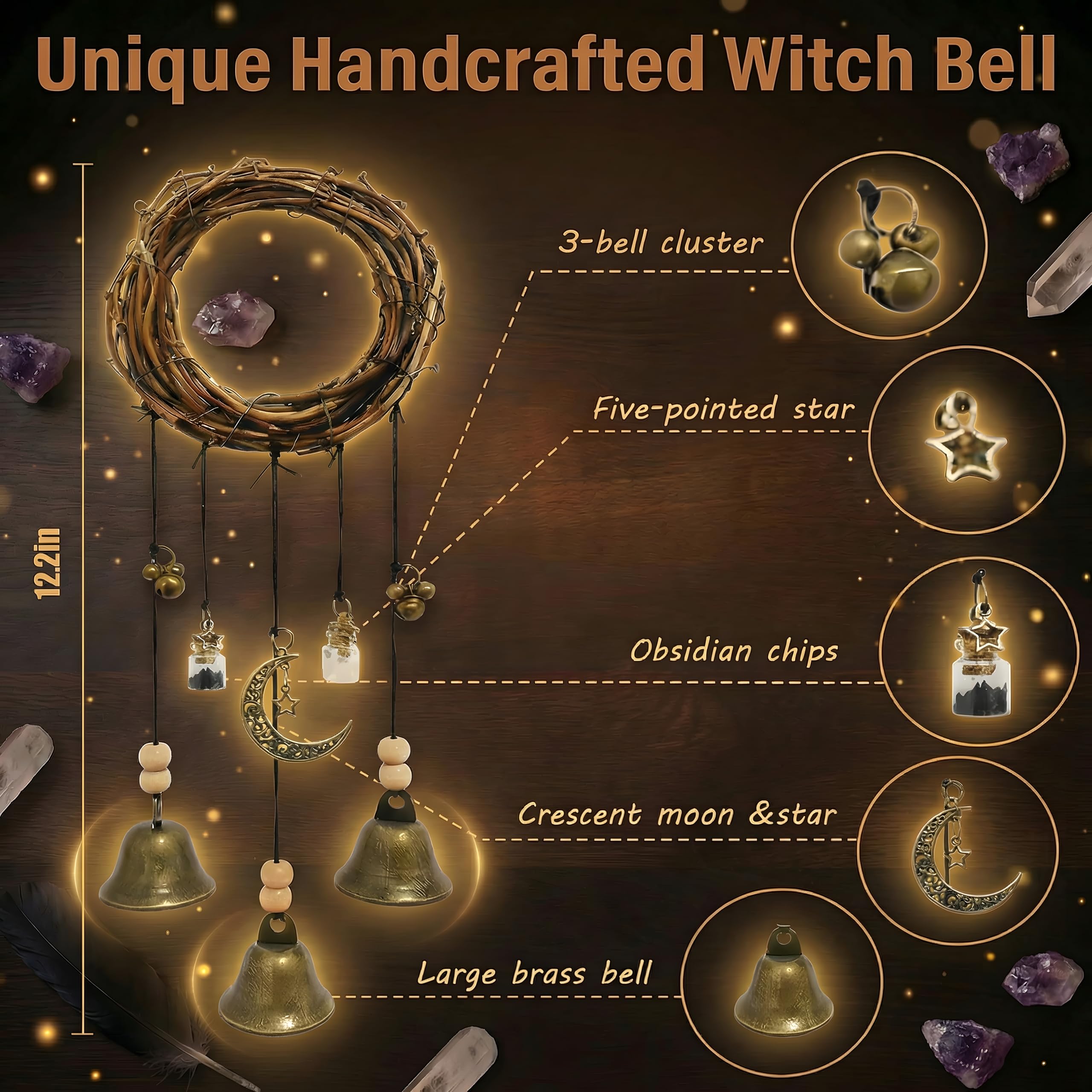 2 Pieces Witch Bells for Door Knob for Protection Hanging Bell Wind Chimes Handmade Decorative Bell for Boho Home Room Witchy Decor (Retro)