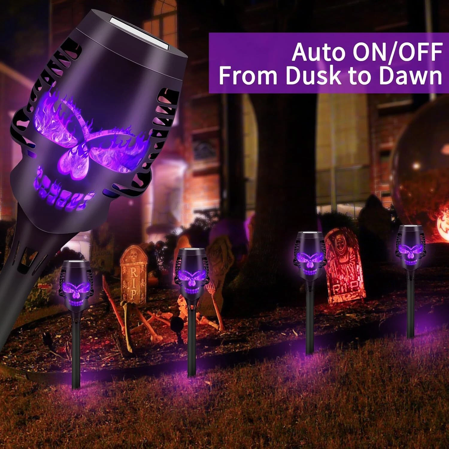 4/8 X Halloween Skulls Solar Pathway Lights Purple Torch Flame Lights for Garden
