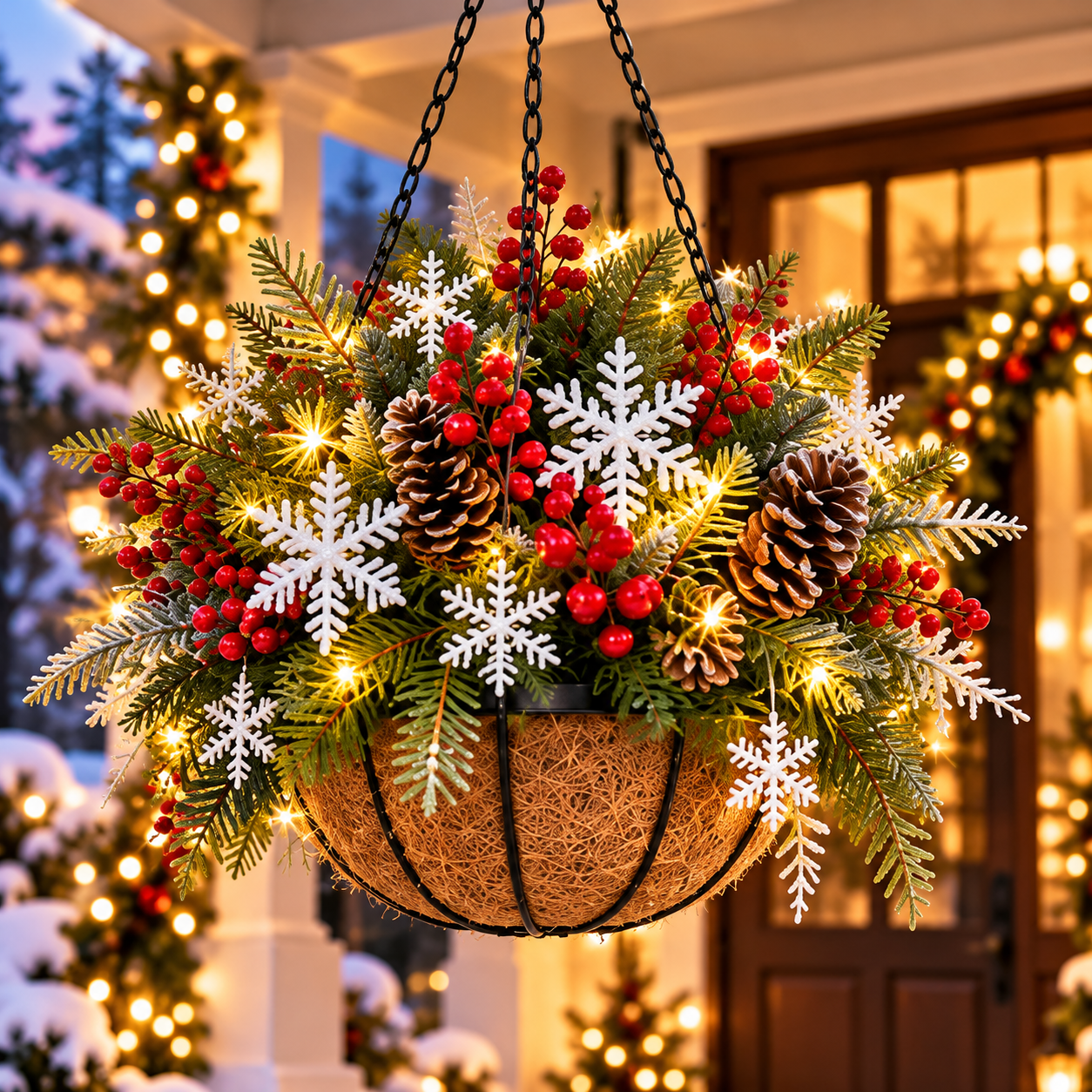 🎄 Pre-Lit Christmas Hanging Basket | Pre-lit, weather-resistant, and zero maintenance