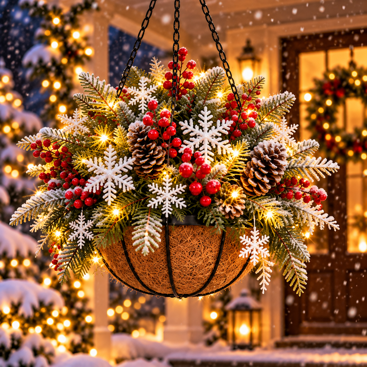 🎄 Pre-Lit Christmas Hanging Basket | Pre-lit, weather-resistant, and zero maintenance