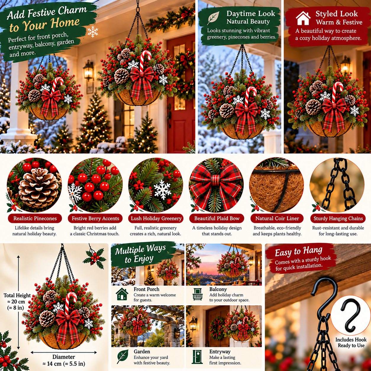 🎄 Pre-Lit Christmas Hanging Basket | Pre-lit, weather-resistant, and zero maintenance