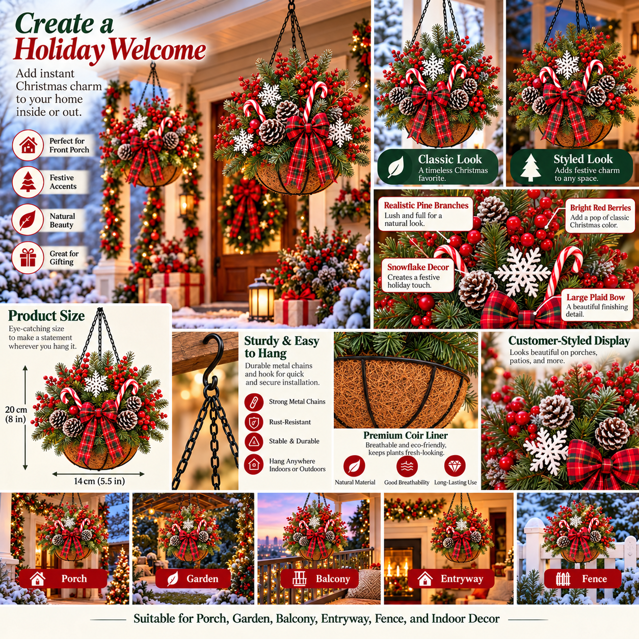 🎄 Pre-Lit Christmas Hanging Basket | Pre-lit, weather-resistant, and zero maintenance