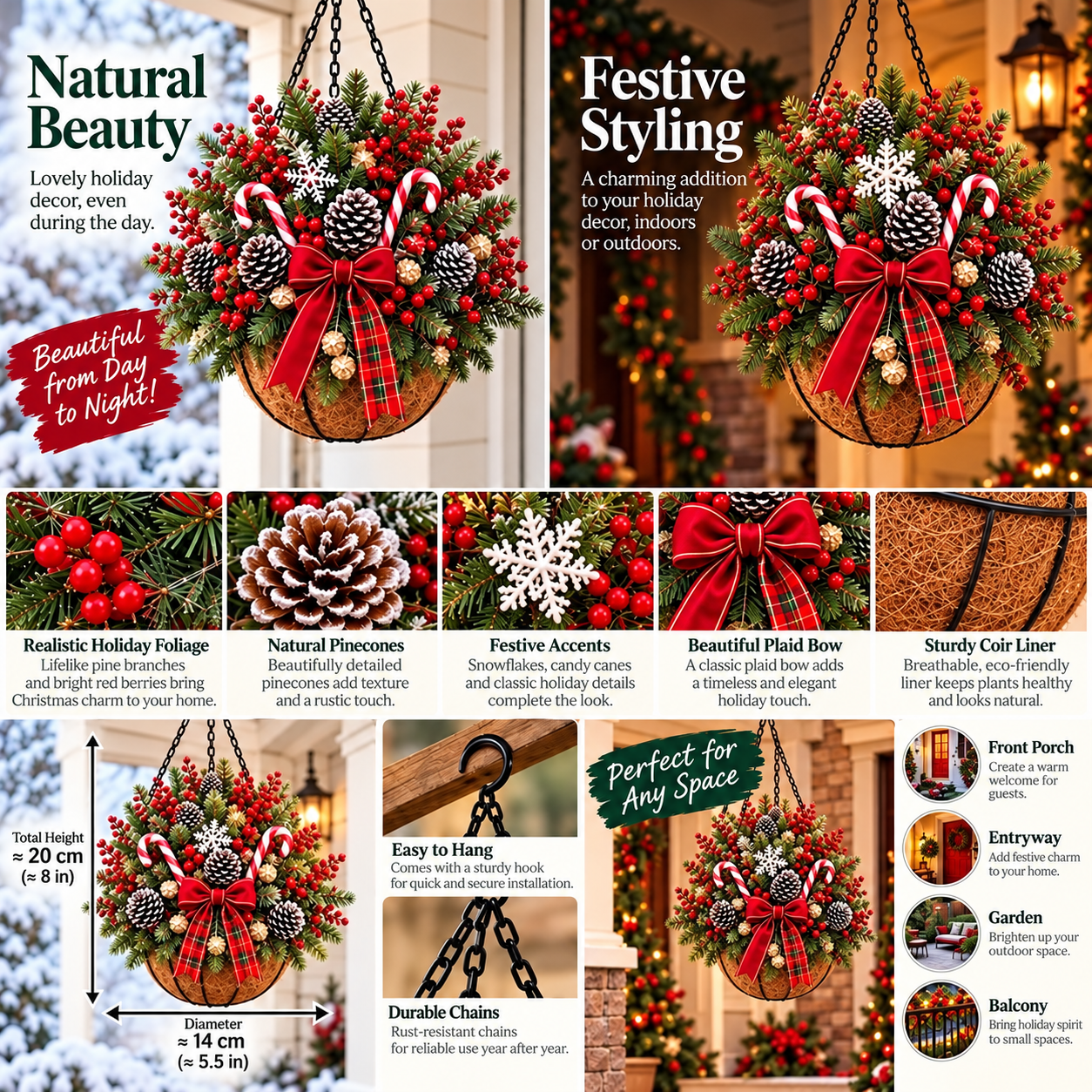 🎄 Pre-Lit Christmas Hanging Basket | Pre-lit, weather-resistant, and zero maintenance