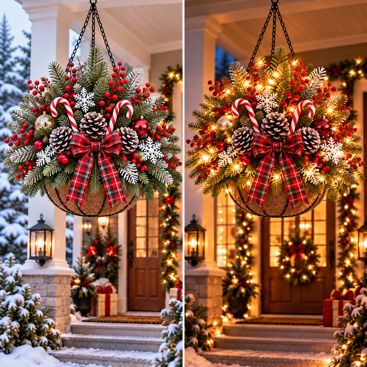 🎄 Pre-Lit Christmas Hanging Basket | Pre-lit, weather-resistant, and zero maintenance
