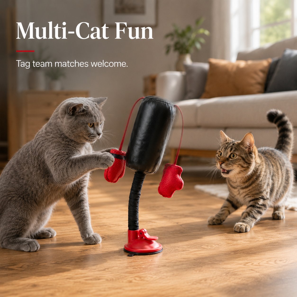 Multiple cats playing together tag team match