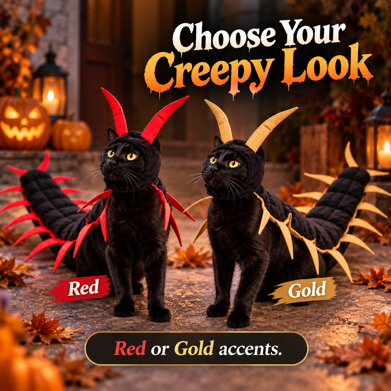 Cat wearing creepy-cute black and red centipede halloween costume