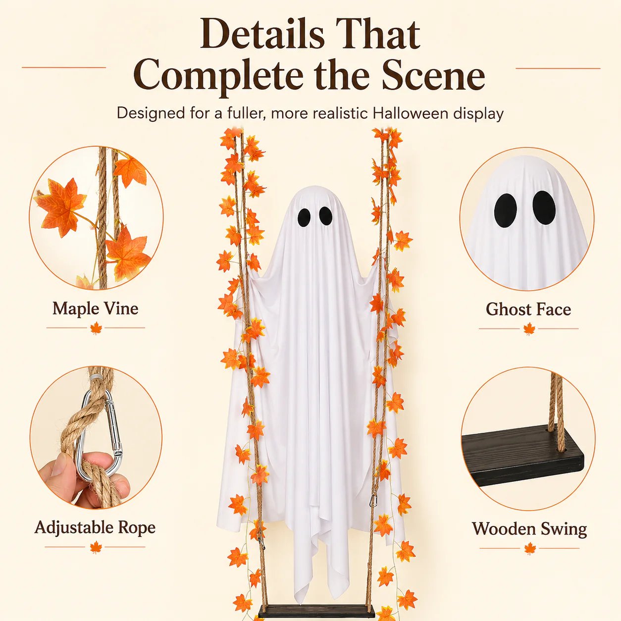 🍁👻 LED Light-Up Swinging Ghost with Maple Leaves – Halloween Hanging Decoration
