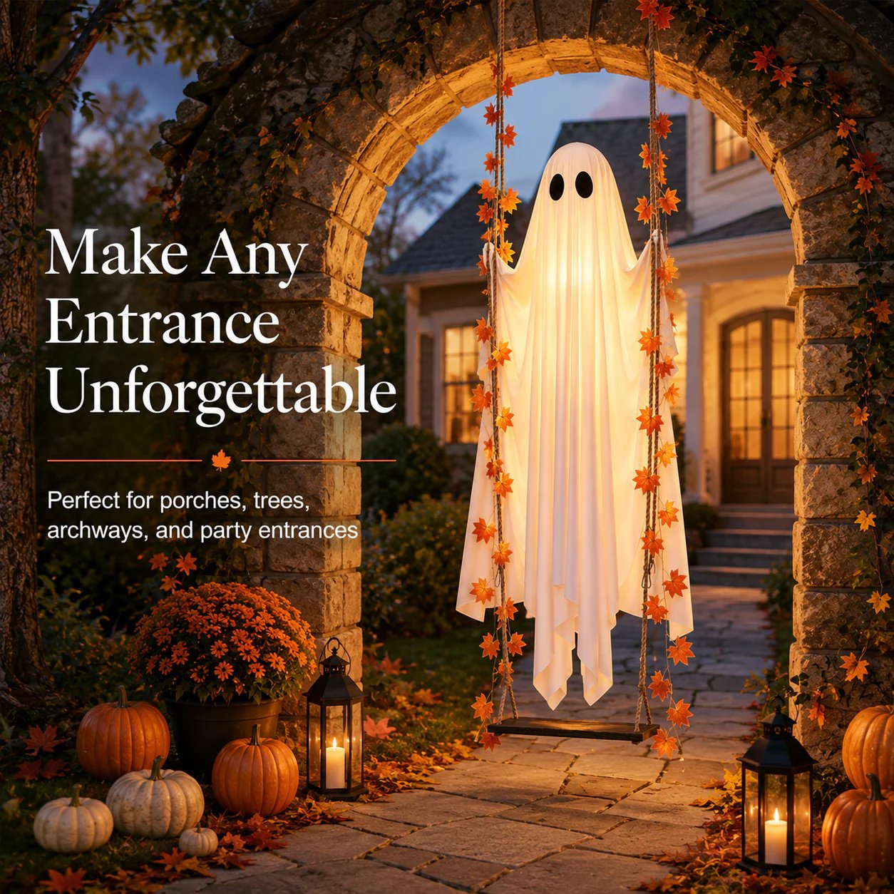🍁👻 LED Light-Up Swinging Ghost with Maple Leaves – Halloween Hanging Decoration