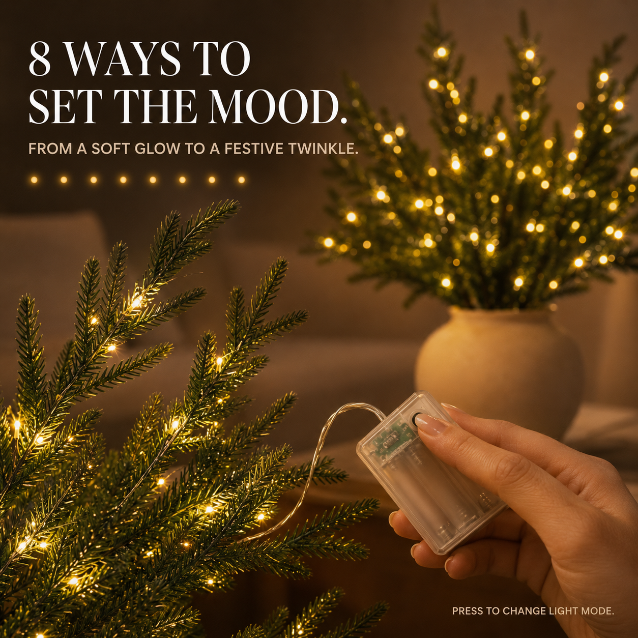 Pre-lit Norfolk pine stems decorating a small indoor Christmas space