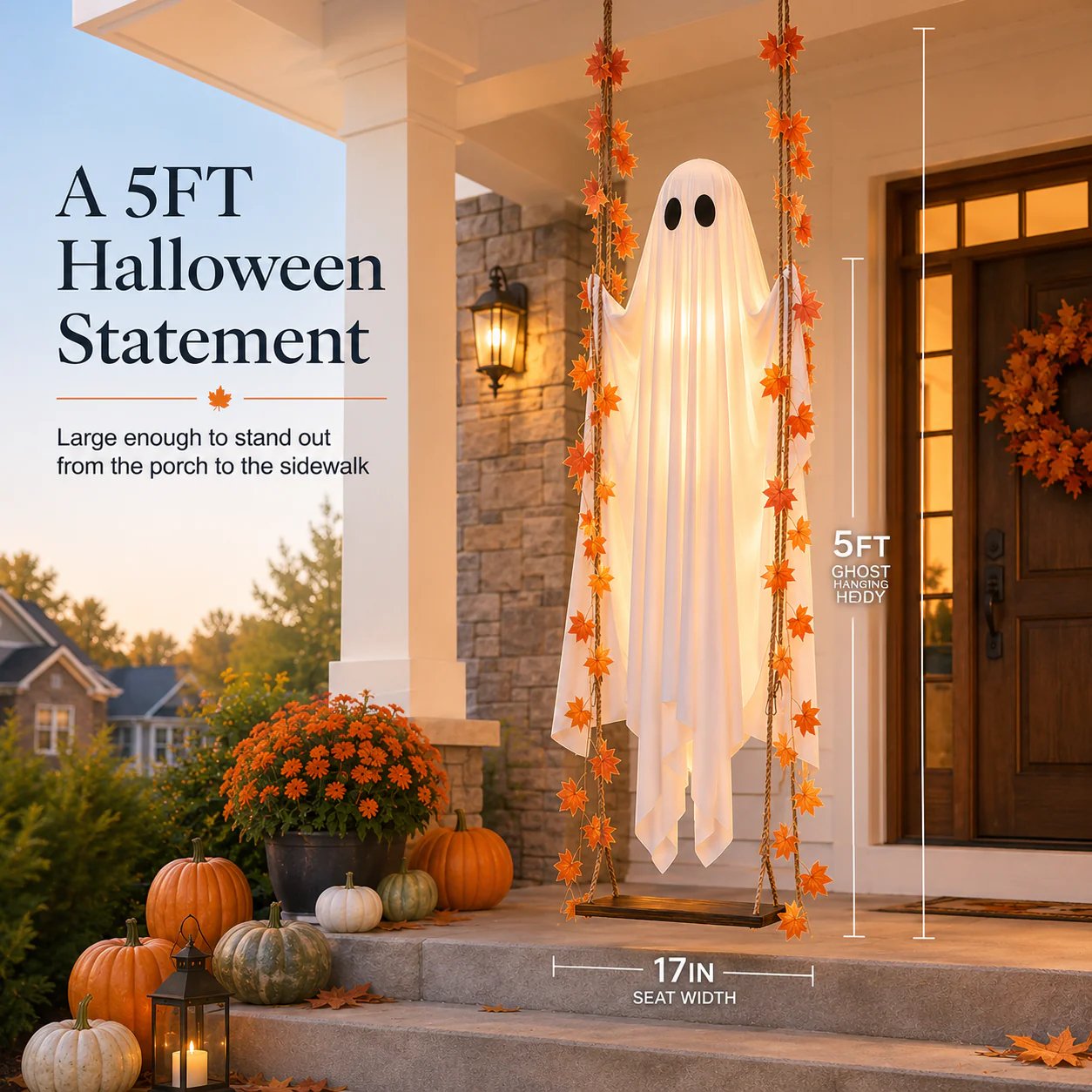 🍁👻 LED Light-Up Swinging Ghost with Maple Leaves – Halloween Hanging Decoration