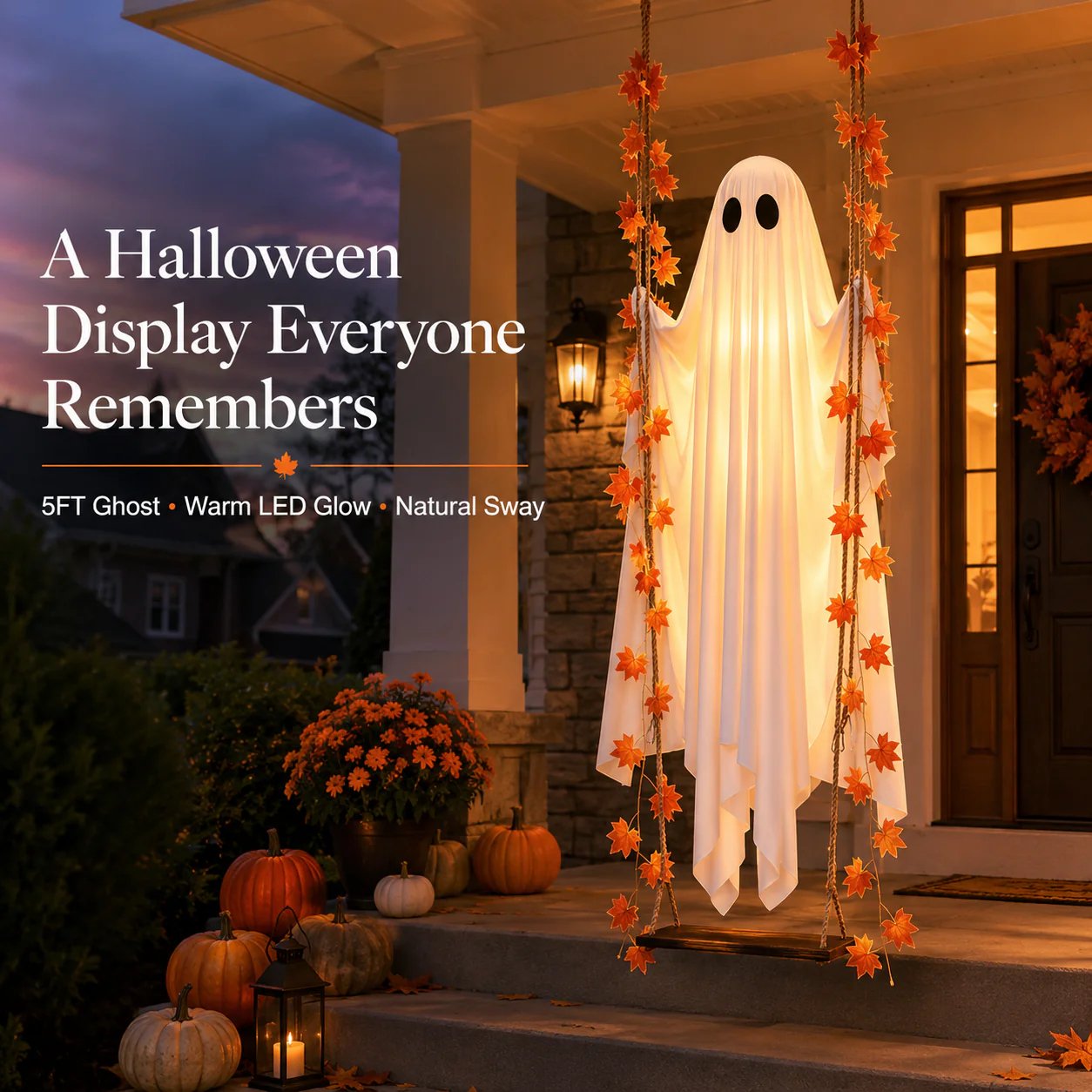 🍁👻 LED Light-Up Swinging Ghost with Maple Leaves – Halloween Hanging Decoration