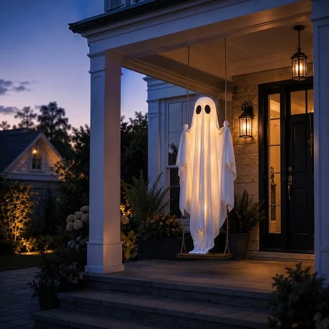 🍁👻 LED Light-Up Swinging Ghost with Maple Leaves – Halloween Hanging Decoration