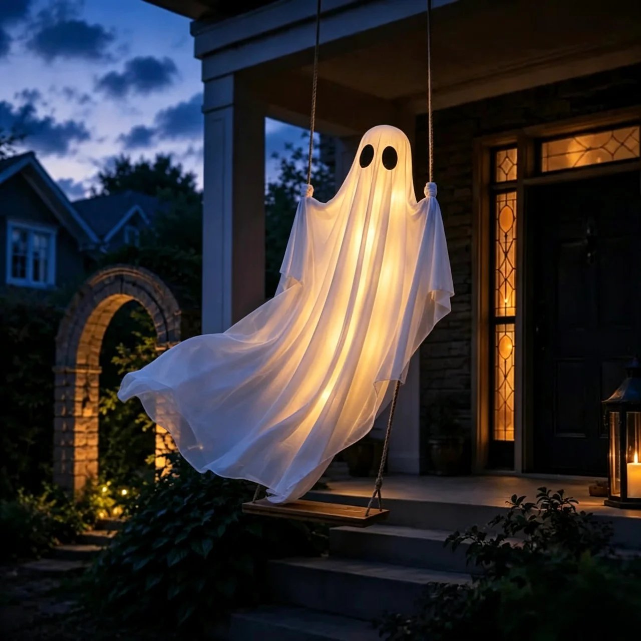 🍁👻 LED Light-Up Swinging Ghost with Maple Leaves – Halloween Hanging Decoration