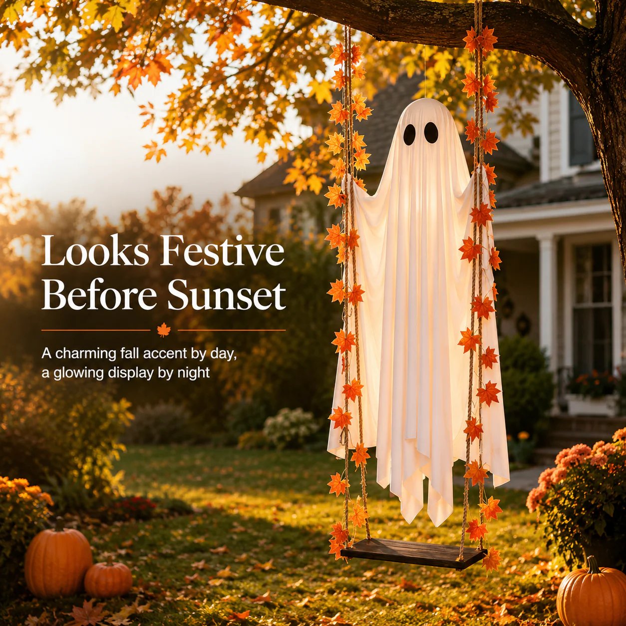 🍁👻 LED Light-Up Swinging Ghost with Maple Leaves – Halloween Hanging Decoration