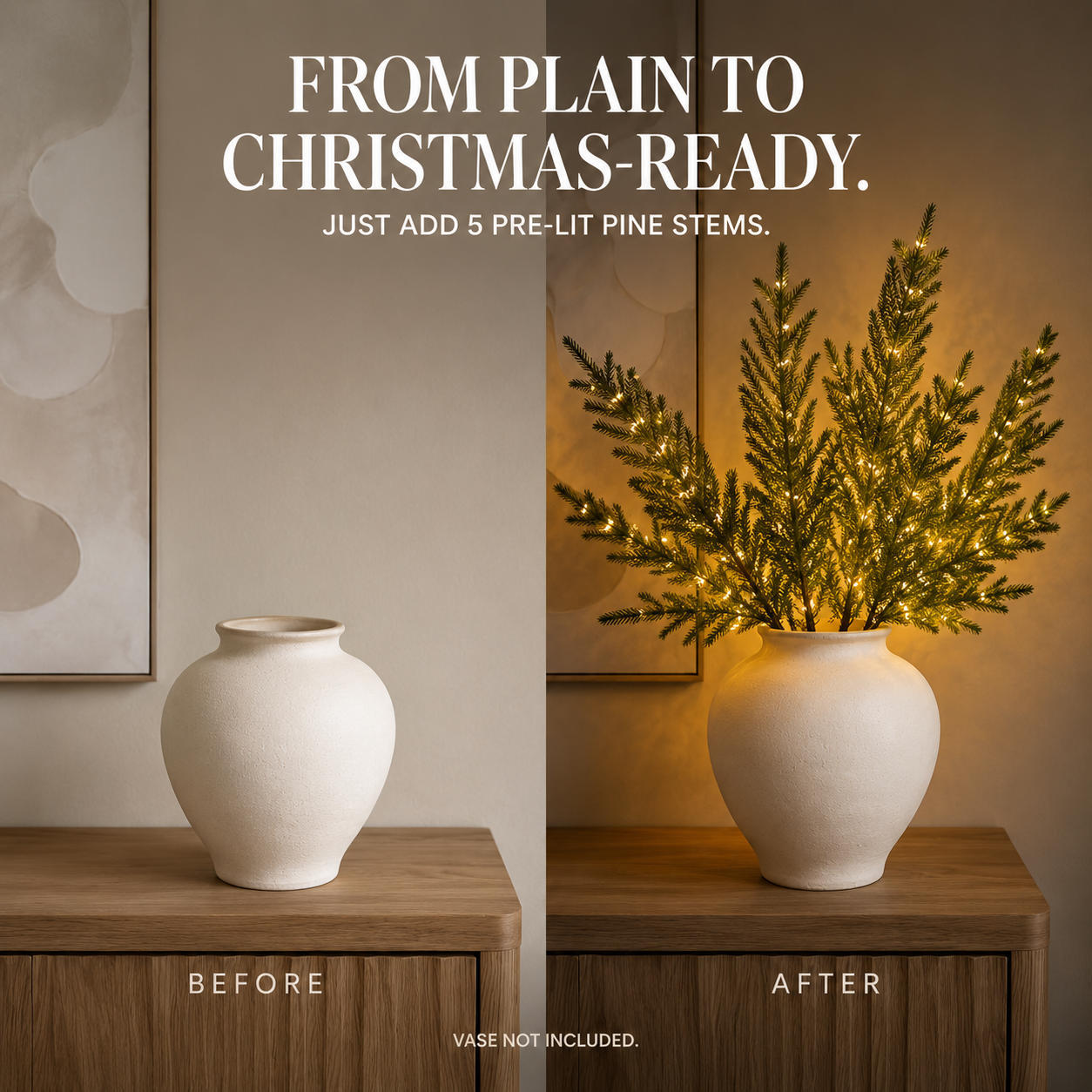 Before and after room styling with pre-lit Norfolk pine stems