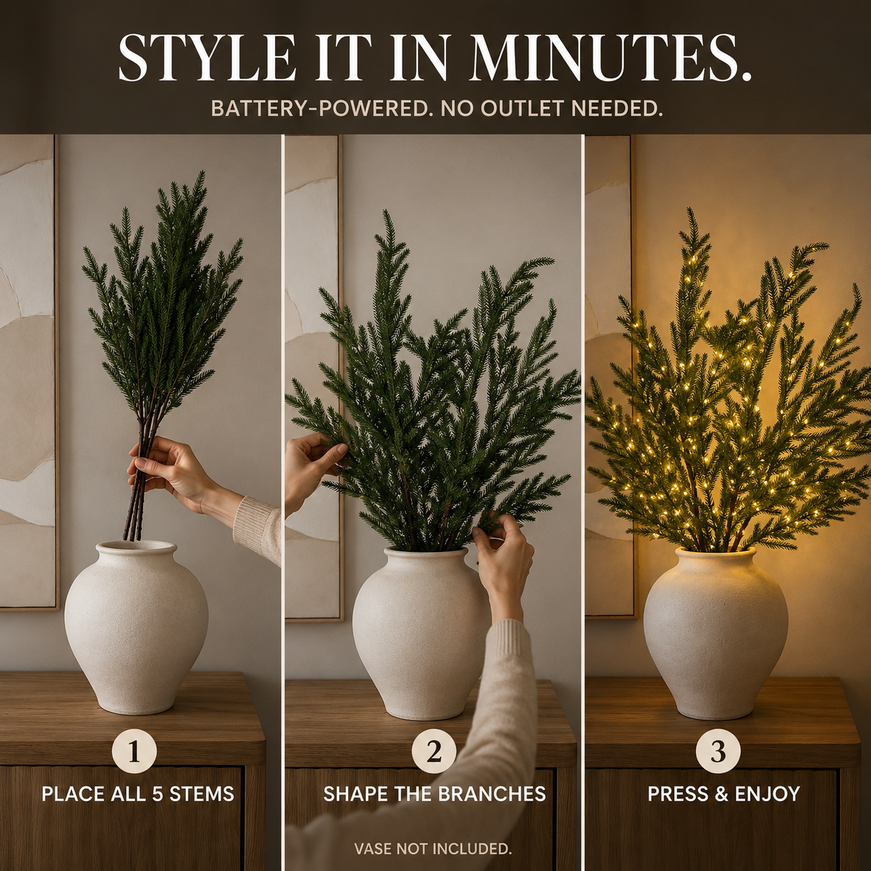 5-Piece Pre-Lit Norfolk Pine Stems – Add a Warm Christmas Glow to Any Vase ✨