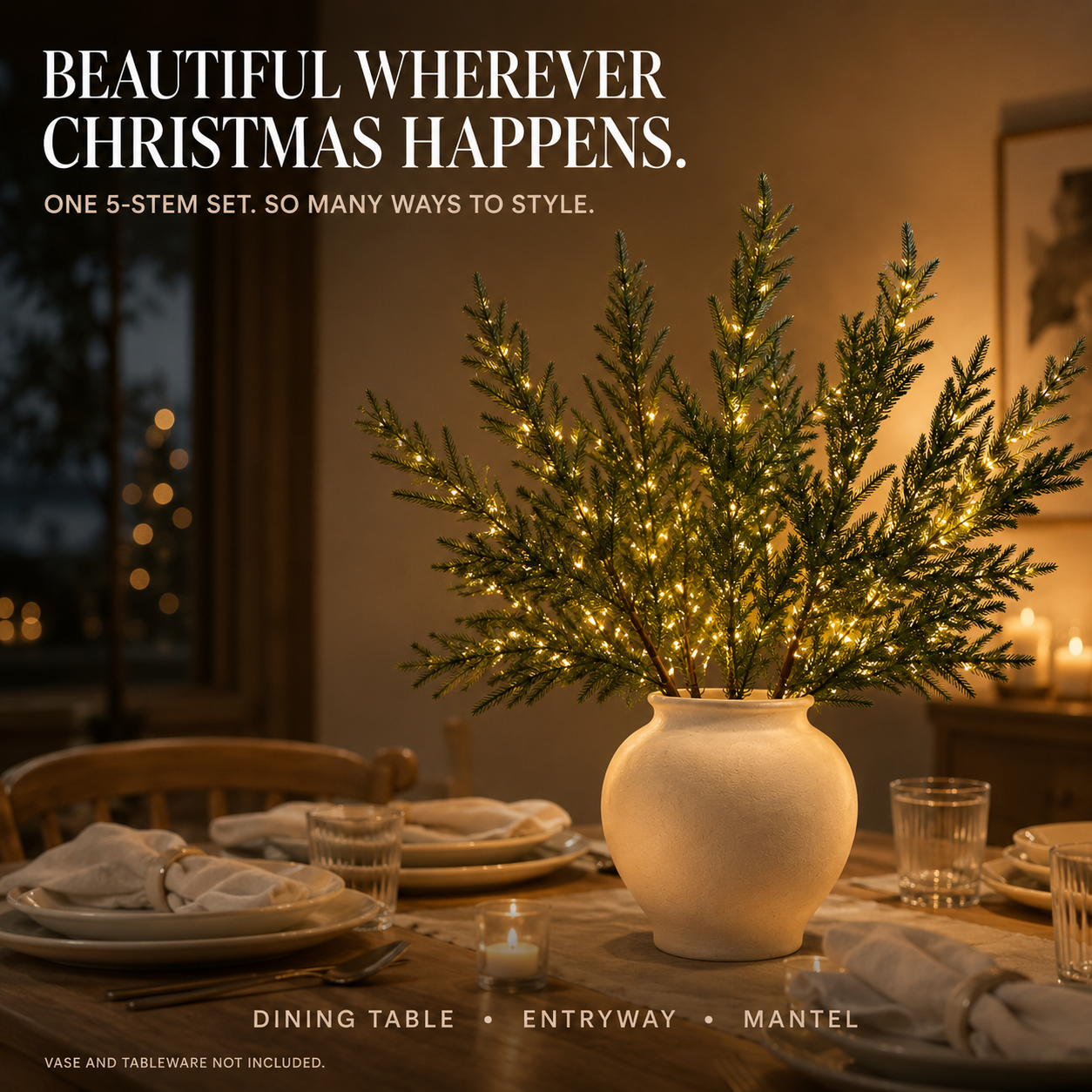 5-Piece Pre-Lit Norfolk Pine Stems – Add a Warm Christmas Glow to Any Vase ✨