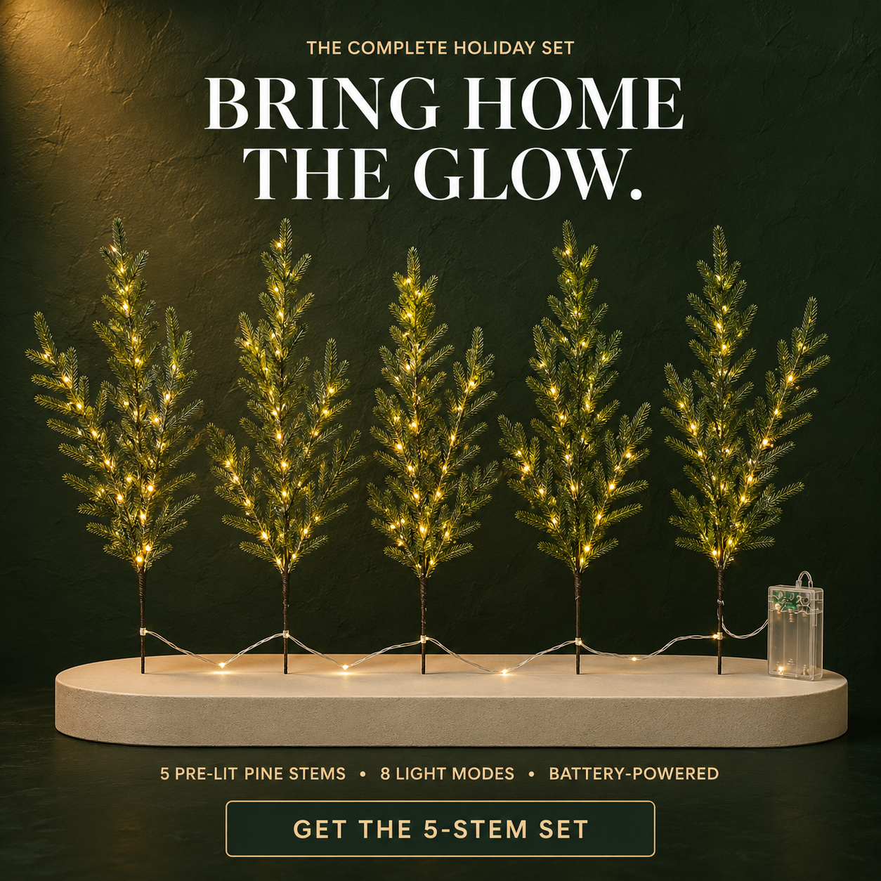 Complete five-stem pre-lit Norfolk pine greenery set
