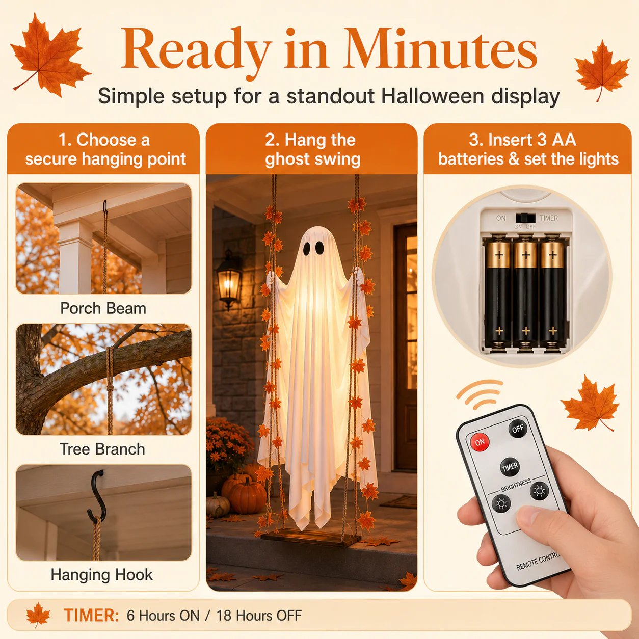 🍁👻 LED Light-Up Swinging Ghost with Maple Leaves – Halloween Hanging Decoration