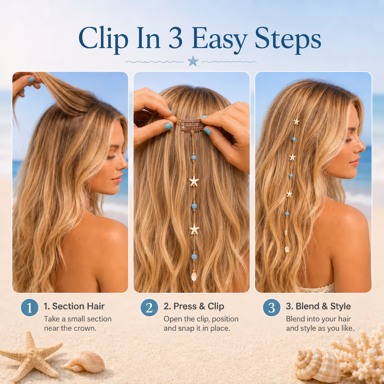 đâBeachy Mermaid Hair Accent Clip (Featuring blue bead accents, starfish, and shell charms)