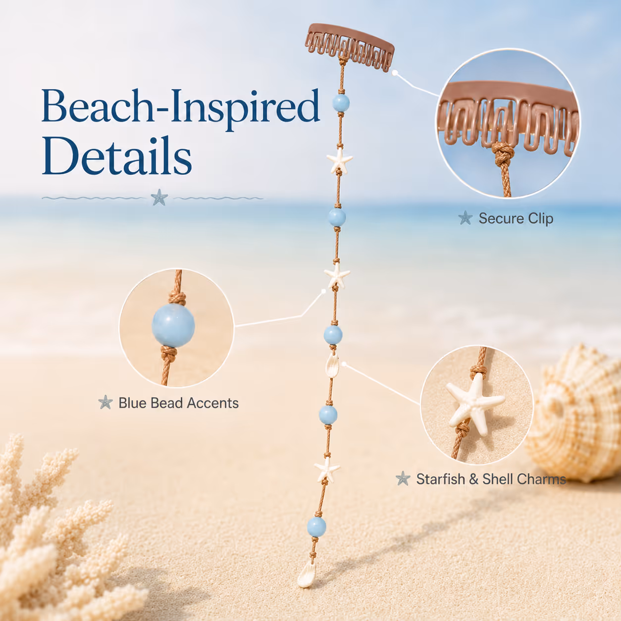 đâBeachy Mermaid Hair Accent Clip (Featuring blue bead accents, starfish, and shell charms)