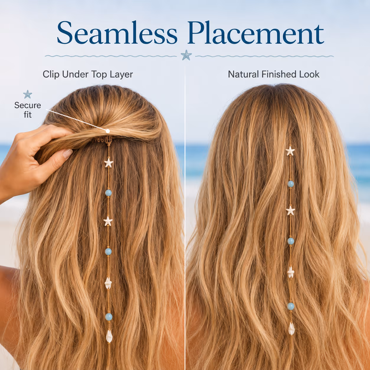 đâBeachy Mermaid Hair Accent Clip (Featuring blue bead accents, starfish, and shell charms)