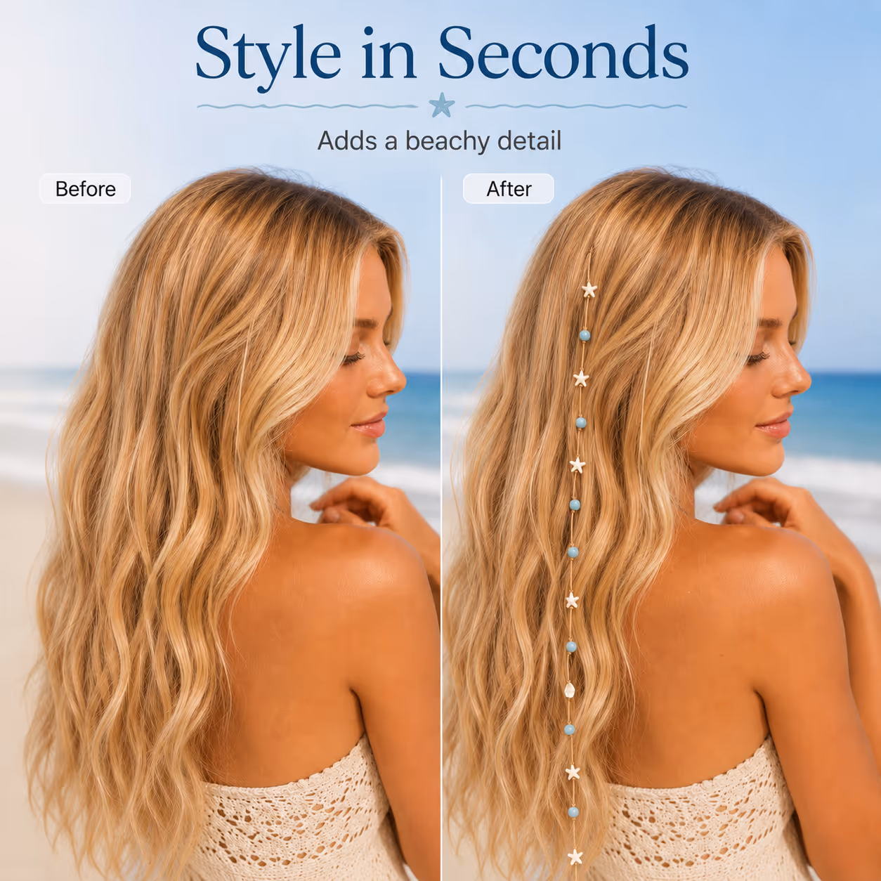 đâBeachy Mermaid Hair Accent Clip (Featuring blue bead accents, starfish, and shell charms)