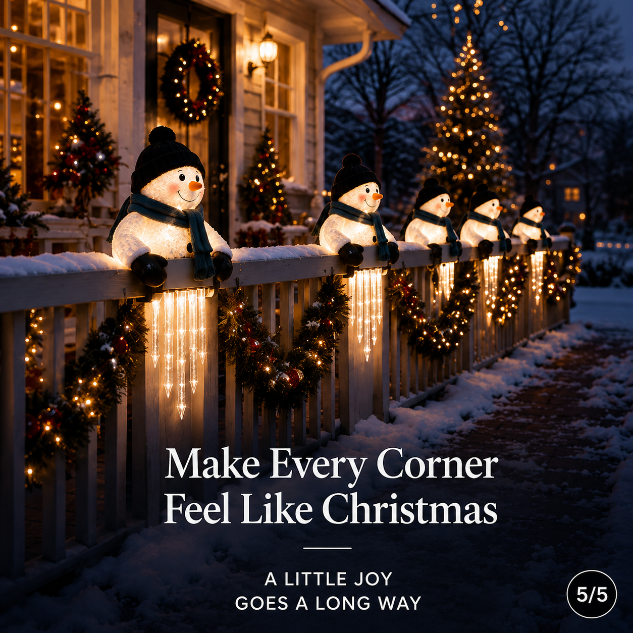 Multiple glowing snowman icicle lights along a Christmas porch