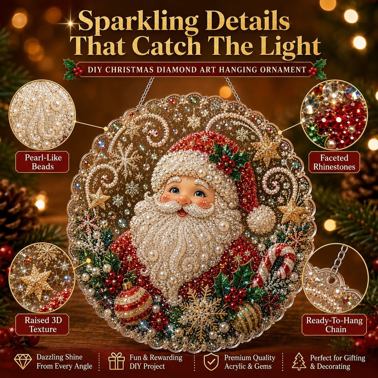 🎄Christmas Pearl Diamond Art Hanging Ornament Kit | Luxury Flocked Canvas with Scratch-Resistant Non-Fading Pearl Beads DIY Handmade Holiday Hanging Decor 🎅💎