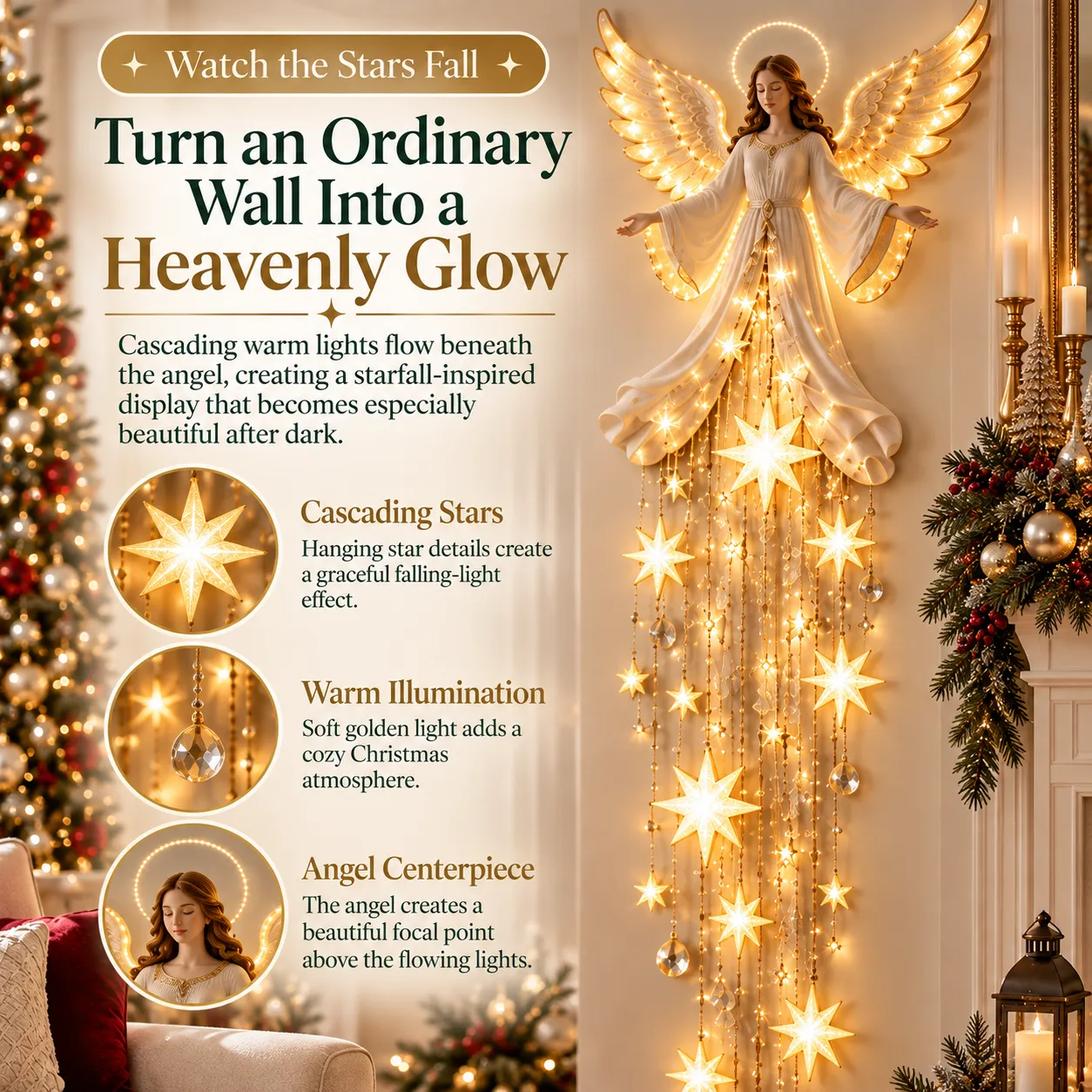 ✨Last Day 49% OFF✨Guardian Angel Starfall CascadeTM – Lighted Faith & Blessing Christmas Wall Decor✨