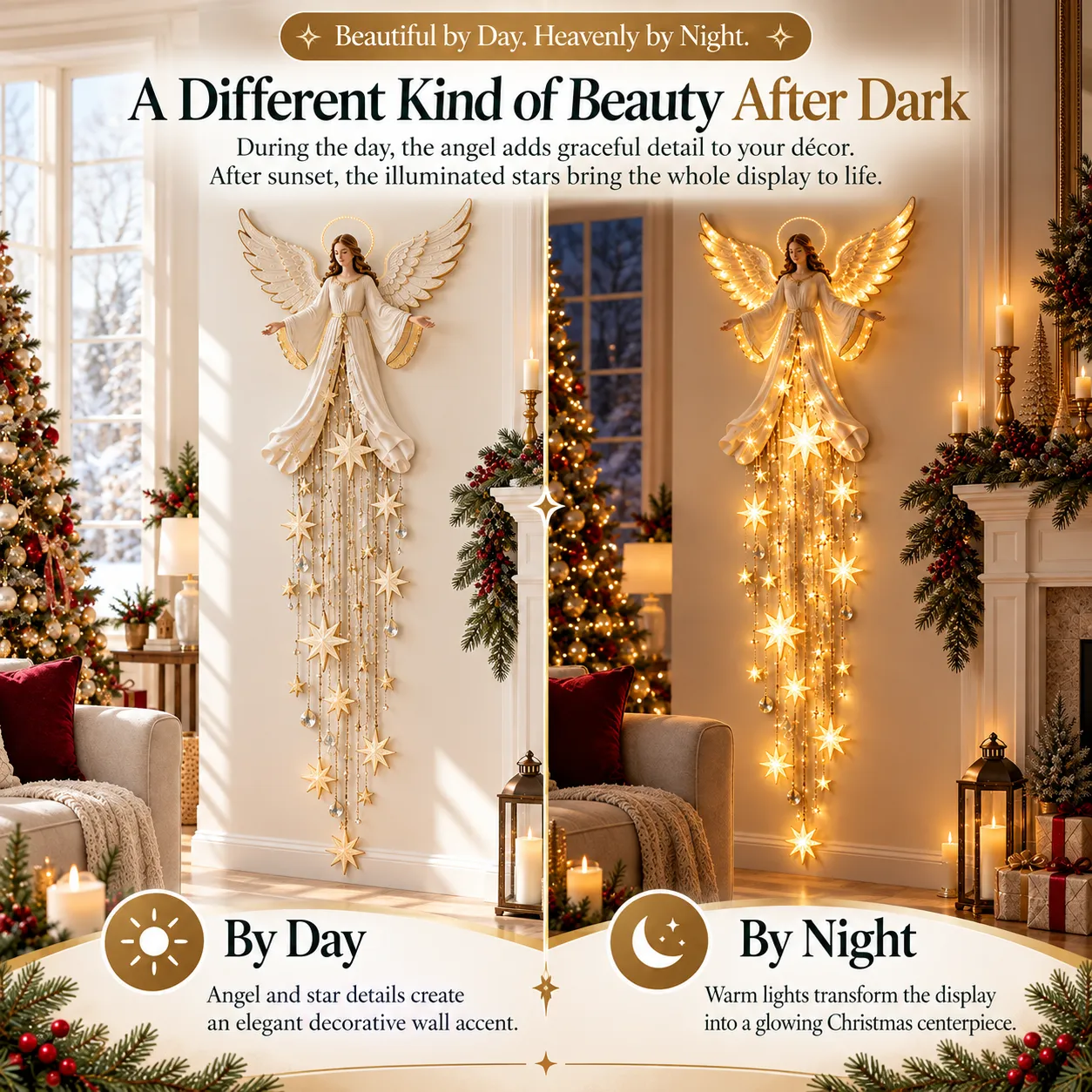 ✨Last Day 49% OFF✨Guardian Angel Starfall CascadeTM – Lighted Faith & Blessing Christmas Wall Decor✨