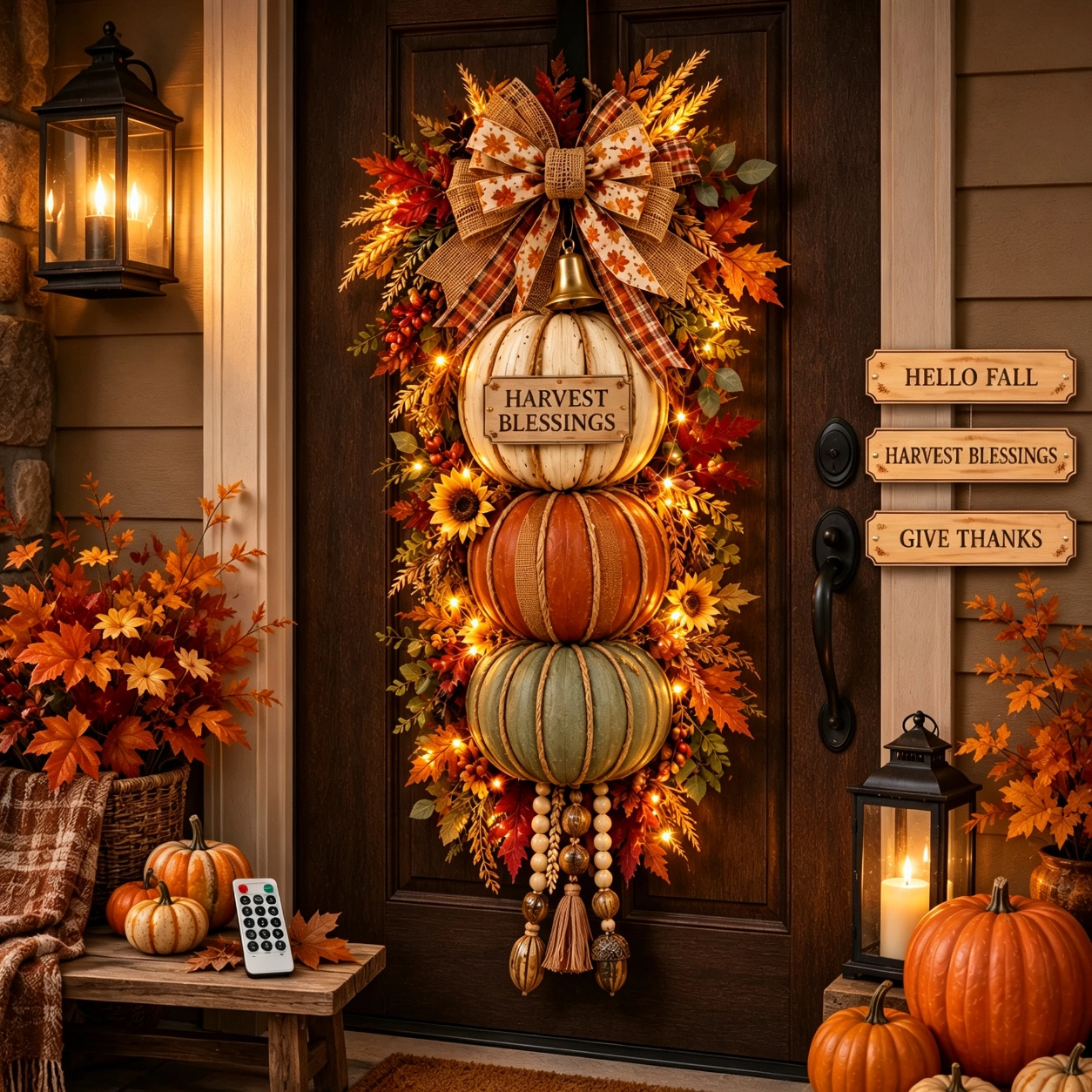 🏠 🍁🍂🎃Rustic Wooden Stacked Pumpkin Door Hanger with Warm LED Lights – Fall Harvest Decor for Porch & Home