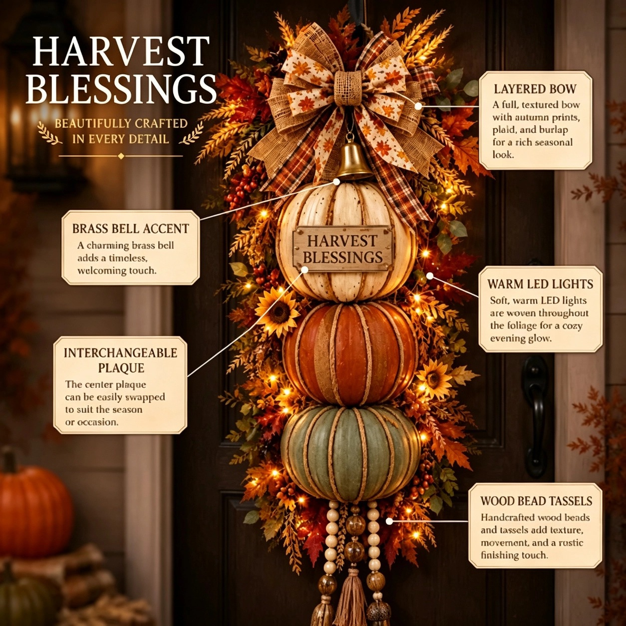 🏠 🍁🍂🎃Rustic Wooden Stacked Pumpkin Door Hanger with Warm LED Lights – Fall Harvest Decor for Porch & Home