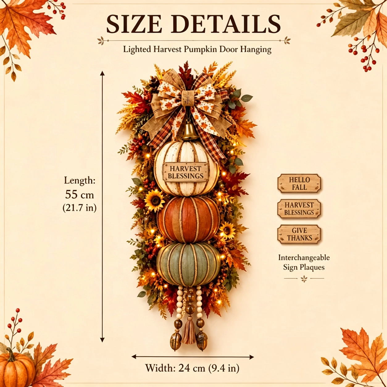 🏠 🍁🍂🎃Rustic Wooden Stacked Pumpkin Door Hanger with Warm LED Lights – Fall Harvest Decor for Porch & Home