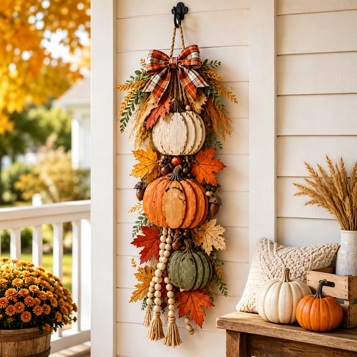 🏠 🍁🍂🎃Rustic Wooden Stacked Pumpkin Door Hanger with Warm LED Lights – Fall Harvest Decor for Porch & Home