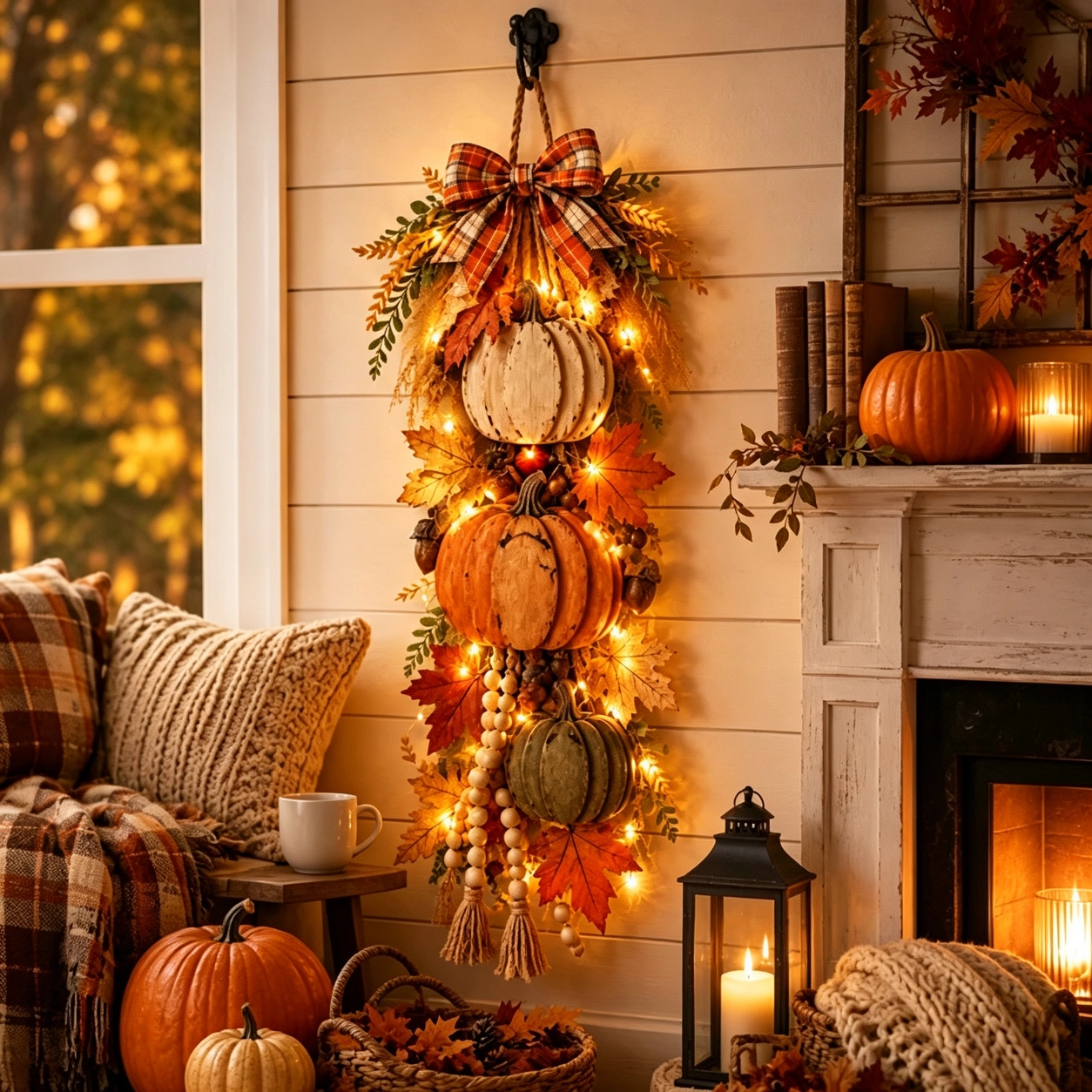 🏠 🍁🍂🎃Rustic Wooden Stacked Pumpkin Door Hanger with Warm LED Lights – Fall Harvest Decor for Porch & Home