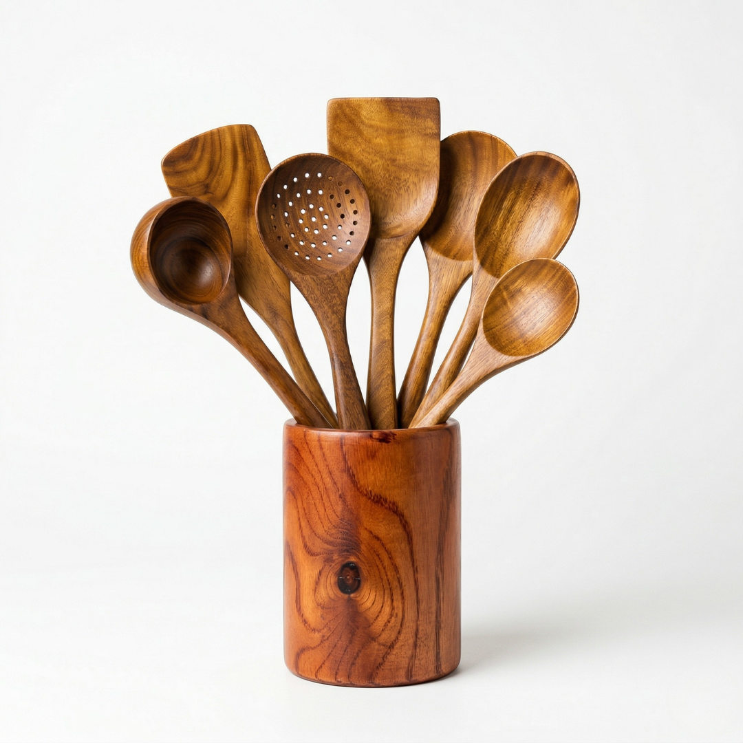 🔥Free Wooden Holder with Today's Order—🏡Small Leaf Acacia Wood Utensil Set—The Safest Choice for Your Family's Kitchen✨️