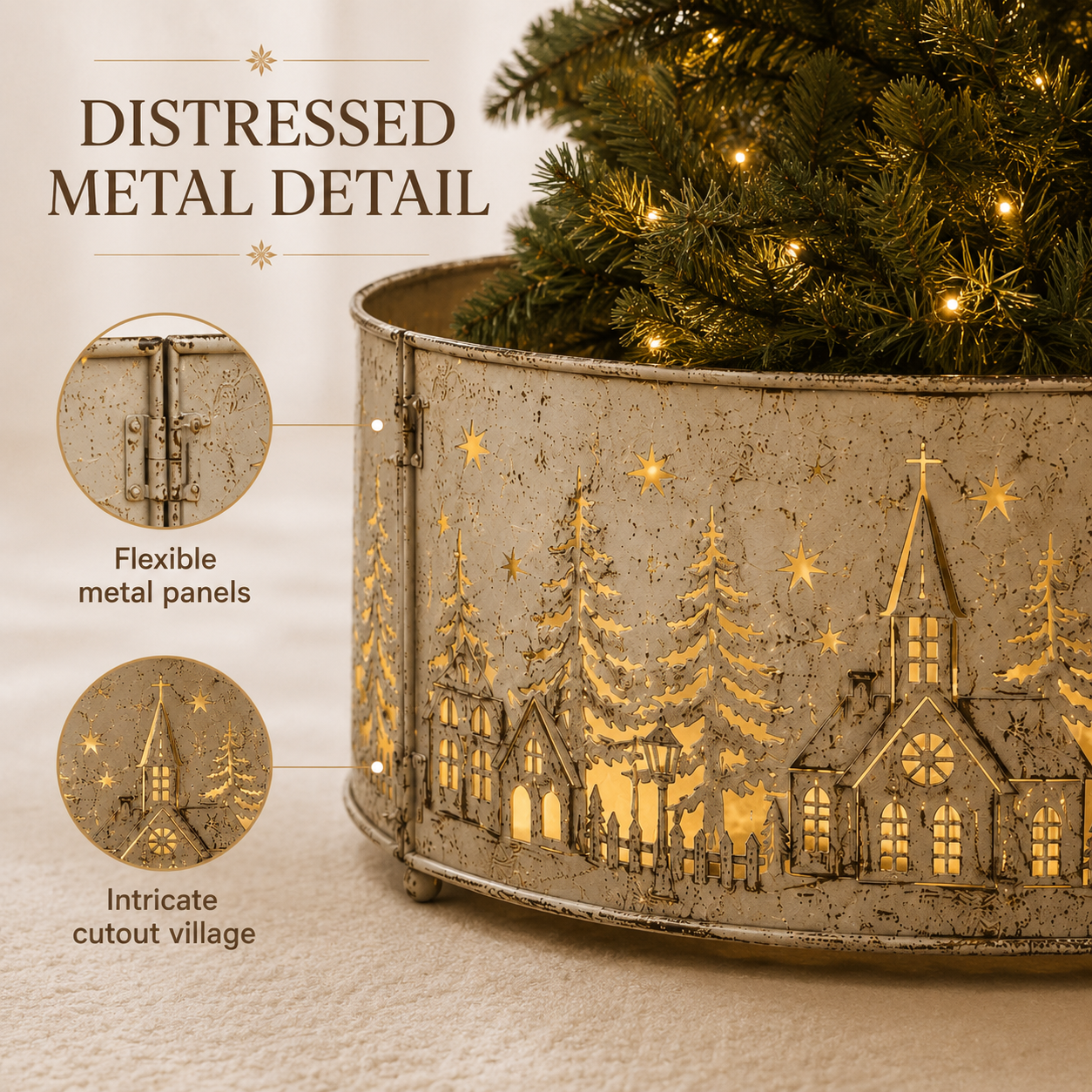 🎄Christmas Early Bird Special Sale 49% OFF🎅Pre-Lit Metal Christmas Tree✨️ Collar with Lighted Village Cutouts