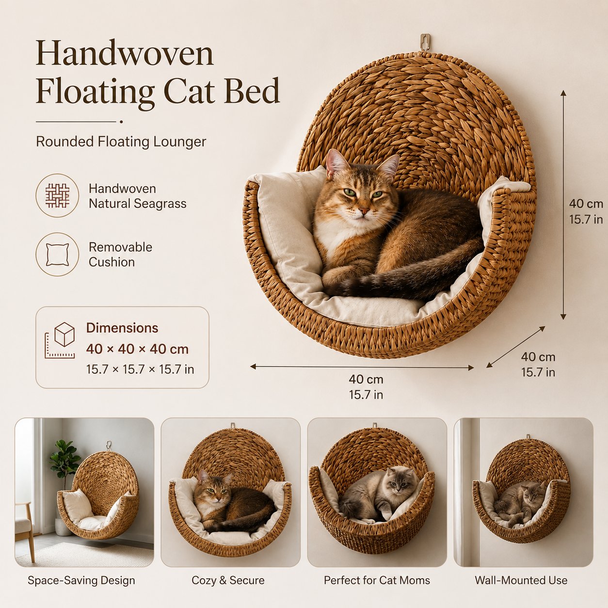 Free Ultra-Soft Removable Cushion with Today's Order🐱 Purrfectly Cozy Handwoven Hanging Cat Bed😻