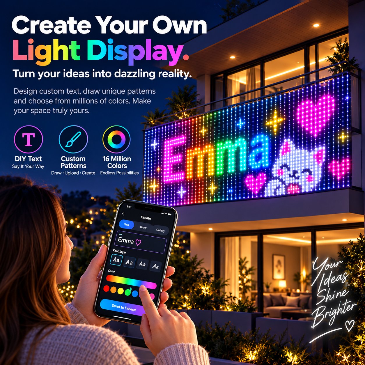 App controlled LED curtain displaying custom text and patterns