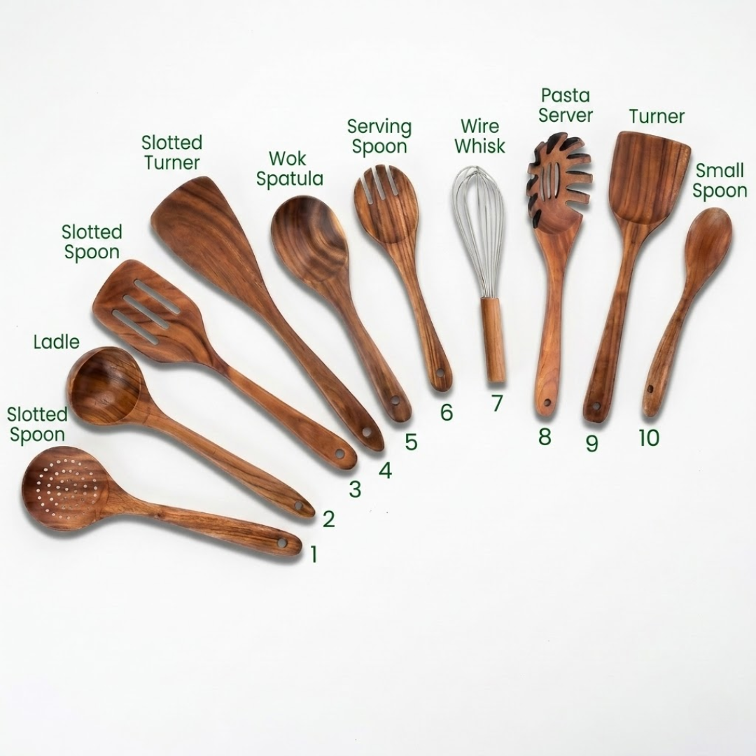 🔥Free Wooden Holder with Today's Order—🏡Small Leaf Acacia Wood Utensil Set—The Safest Choice for Your Family's Kitchen✨️