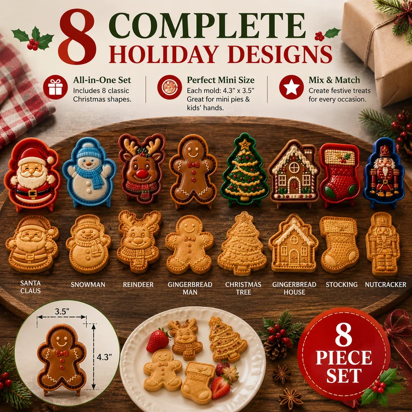 🎄Christmas Early Bird Special Sale 49% OFF🎁 Christmas Mini Pie Moulds – 8 Festive Embossed Designs  