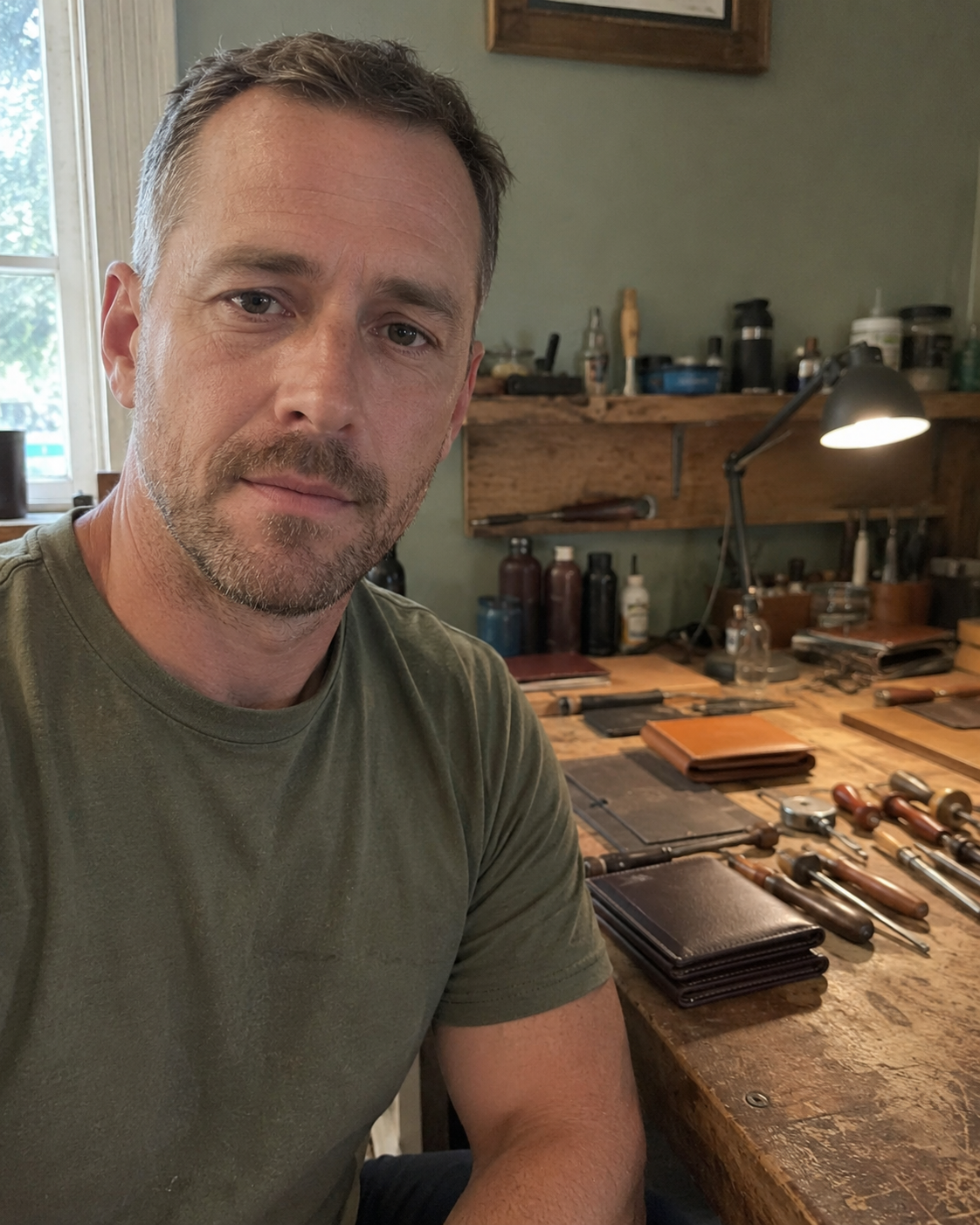 Daniel Brooks at his leather workbench