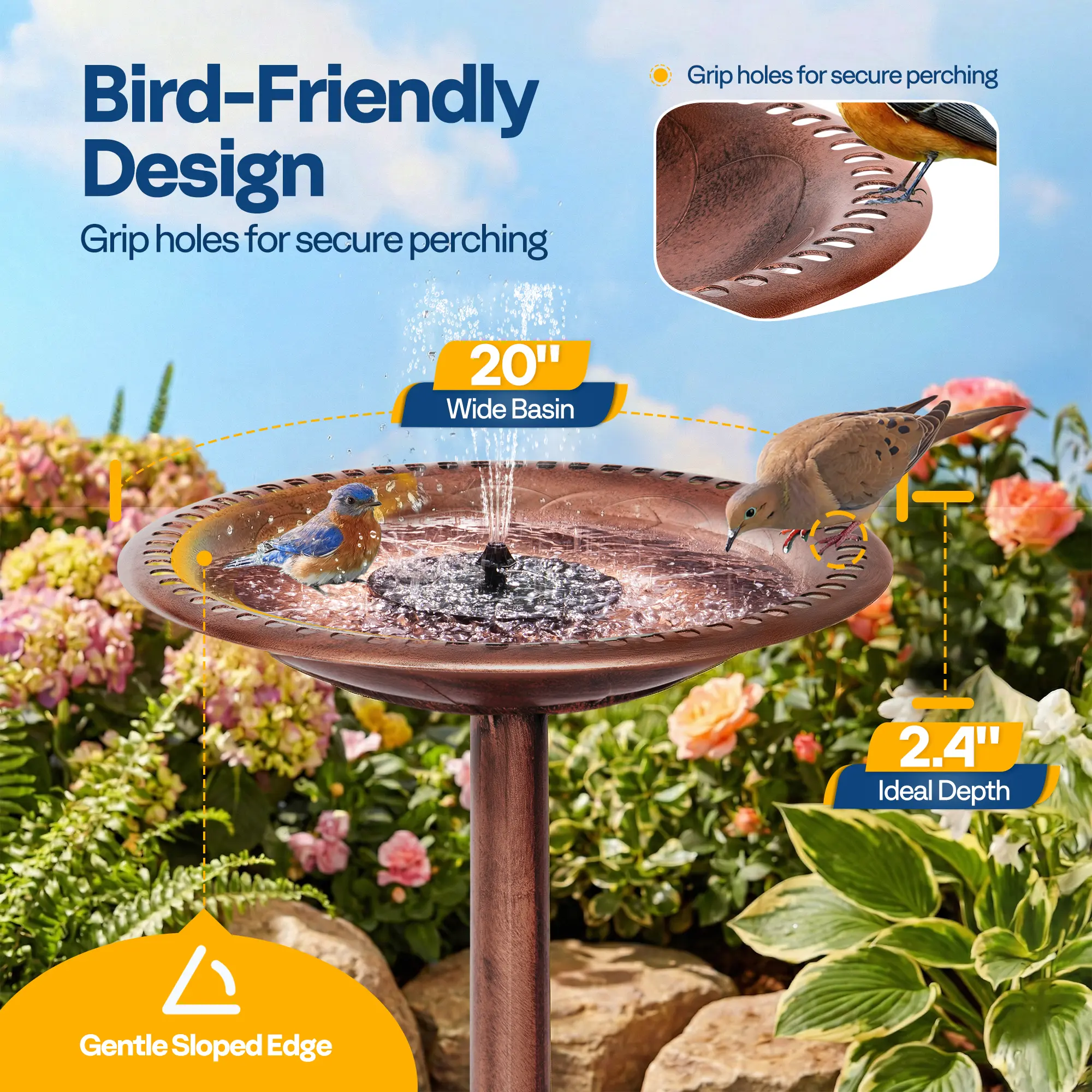 VIVOHOME Solar Powered Garden Bird Bath & Fountain Combo