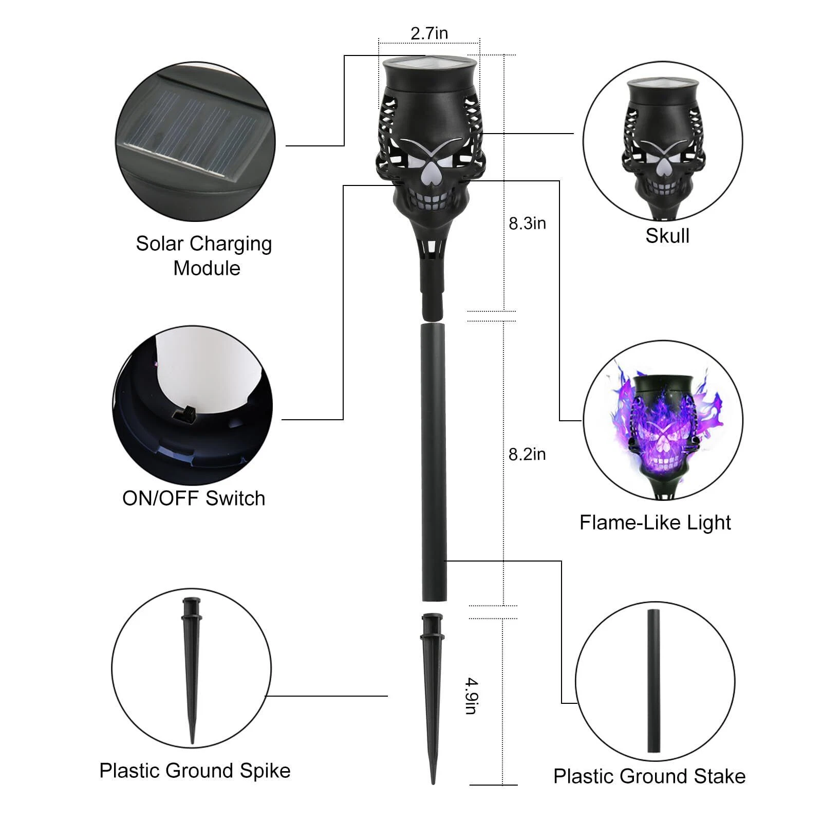 4/8 X Halloween Skulls Solar Pathway Lights Purple Torch Flame Lights for Garden