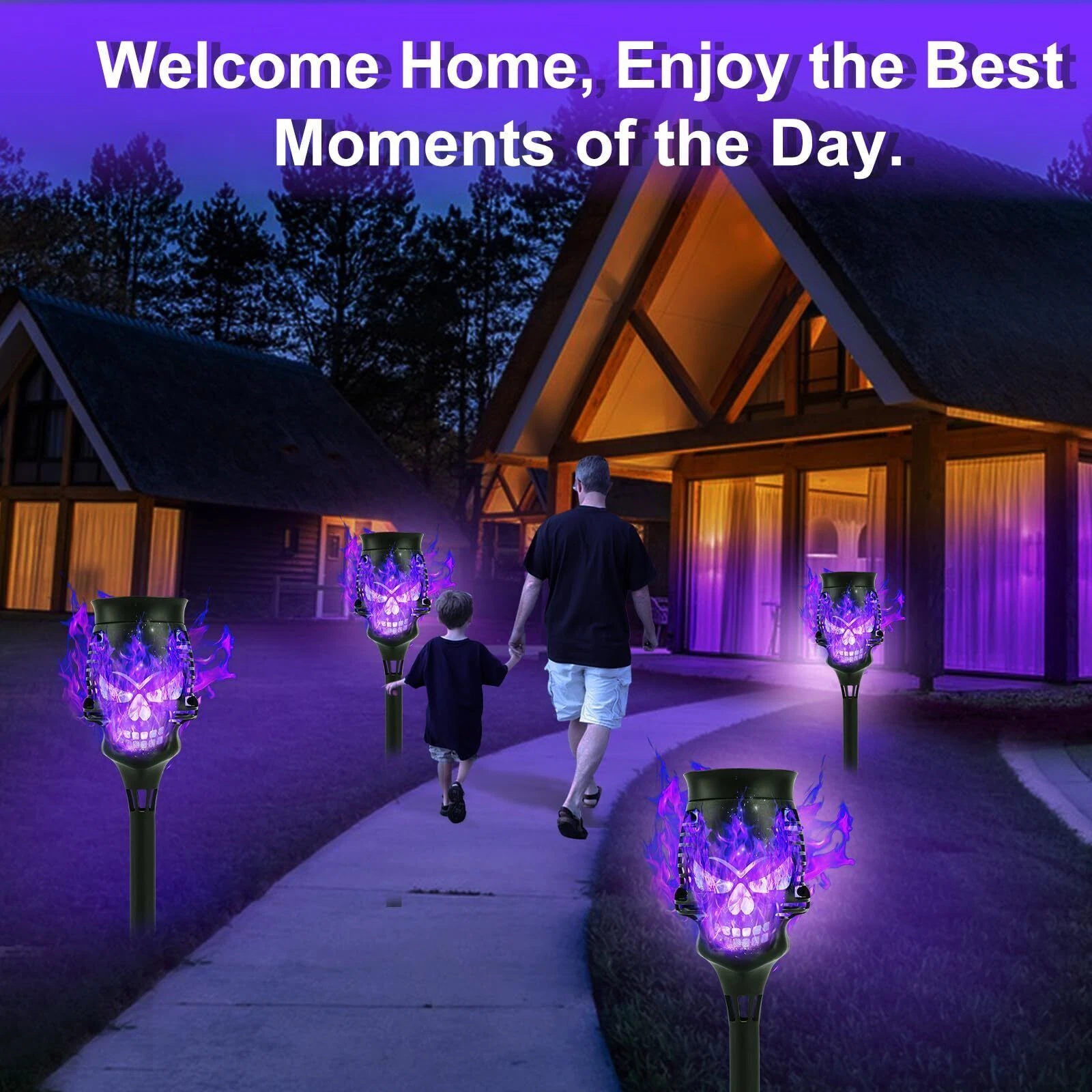 4/8 X Halloween Skulls Solar Pathway Lights Purple Torch Flame Lights for Garden