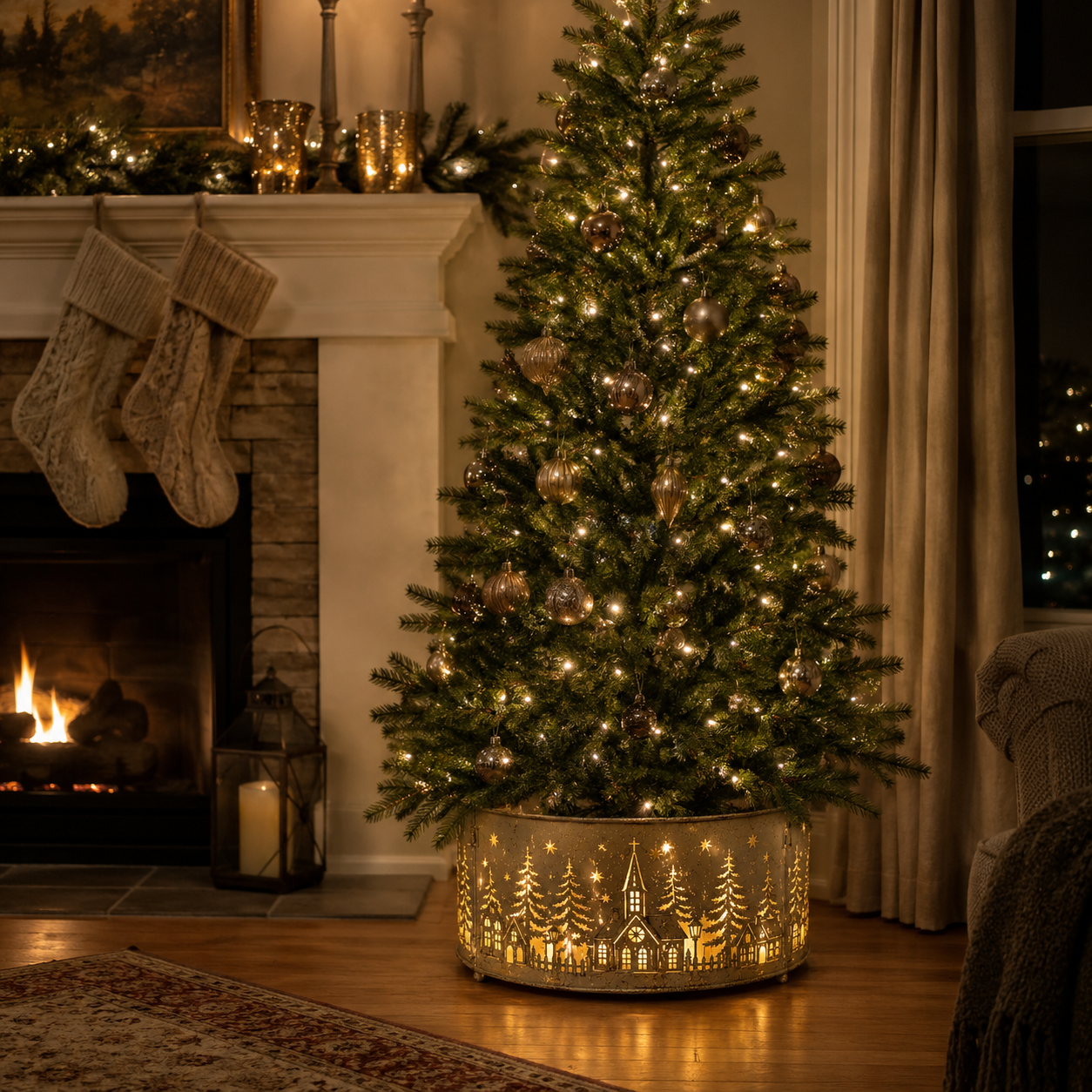 🎄Christmas Early Bird Special Sale 49% OFF🎅Pre-Lit Metal Christmas Tree✨️ Collar with Lighted Village Cutouts